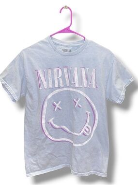 Nirvana Light Blue Distressed Women’s T-Shirt with Purple & White Graphic Design